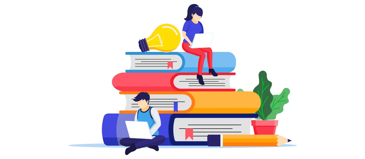 Illustration eines großen Bücherstapels, auf dem zwei Personen am Laptop sitzen