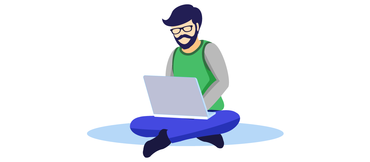 Illustration eines Mannes im Schneidersitz mit einem Laptop auf dem Schoß