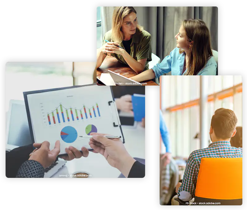 Collage aus drei Bildern mit Balkendiagramm und Coaching-Situationen