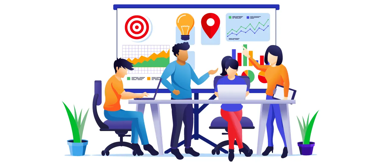 Business- und Finanzplan Illustration einer geschäftigen Büro-Situation mit vier Personen an einem Schreibtisch und verschiedenen Diagrammen im Hintergrund