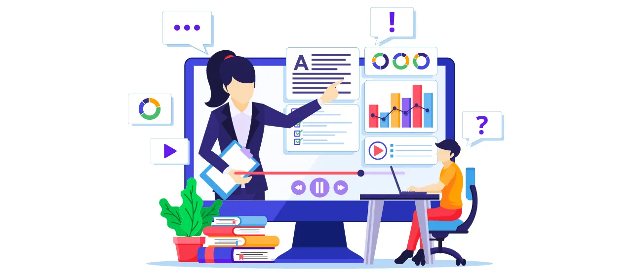 Illustration eines Computerbildschirms mit Beraterin und verschiedenen Fenstern mit Diagrammen