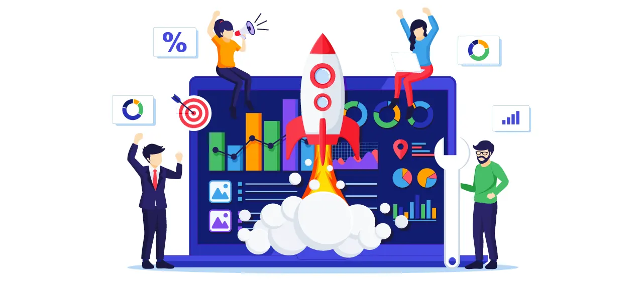 Illustration eines Laptops mit verschiedenen Diagrammen und Schaubildern