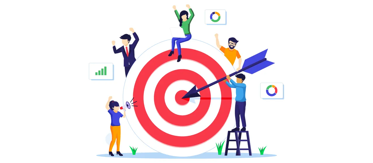 Illustration einer großen Zielscheibe mit roten und weißen Ringen und Pfeil im Bulls Eye