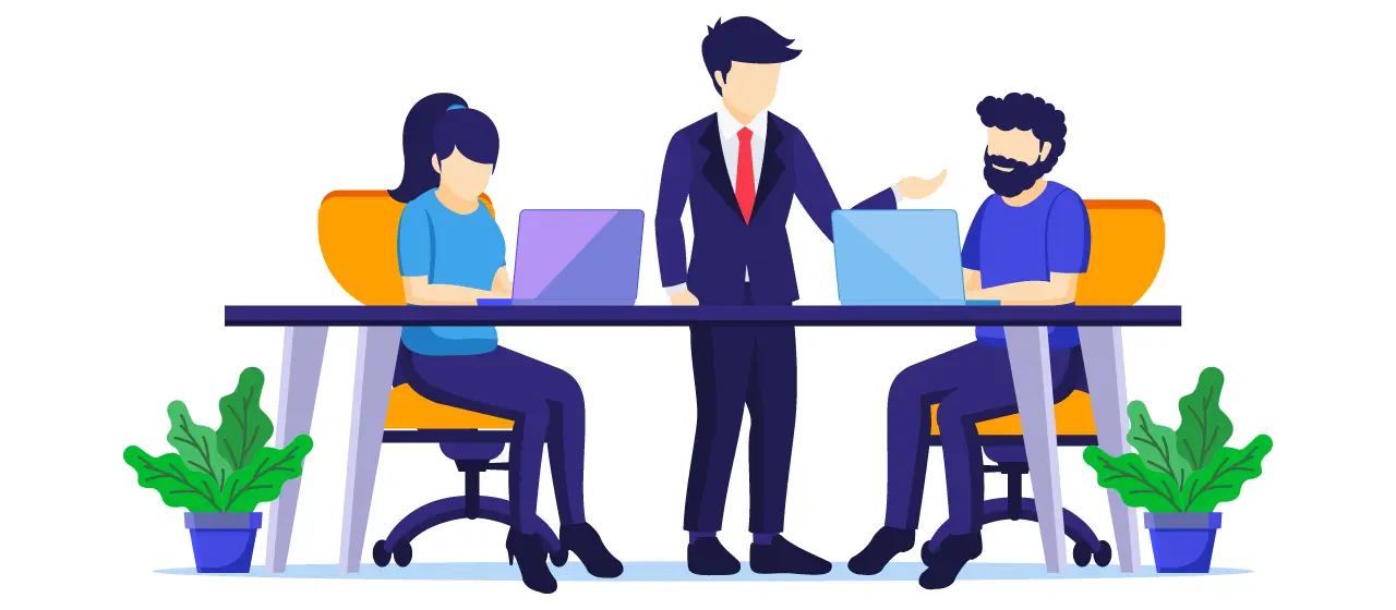 Illustration einer geschäftigen Büro-Situation mit vier Personen an einem Schreibtisch und verschiedenen Diagrammen im Hintergrund
