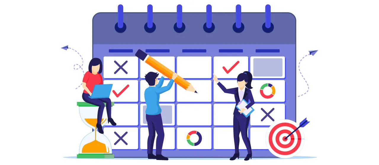 Illustration einer geschäftigen Büro-Situation mit vier Personen an einem Schreibtisch und verschiedenen Diagrammen im Hintergrund